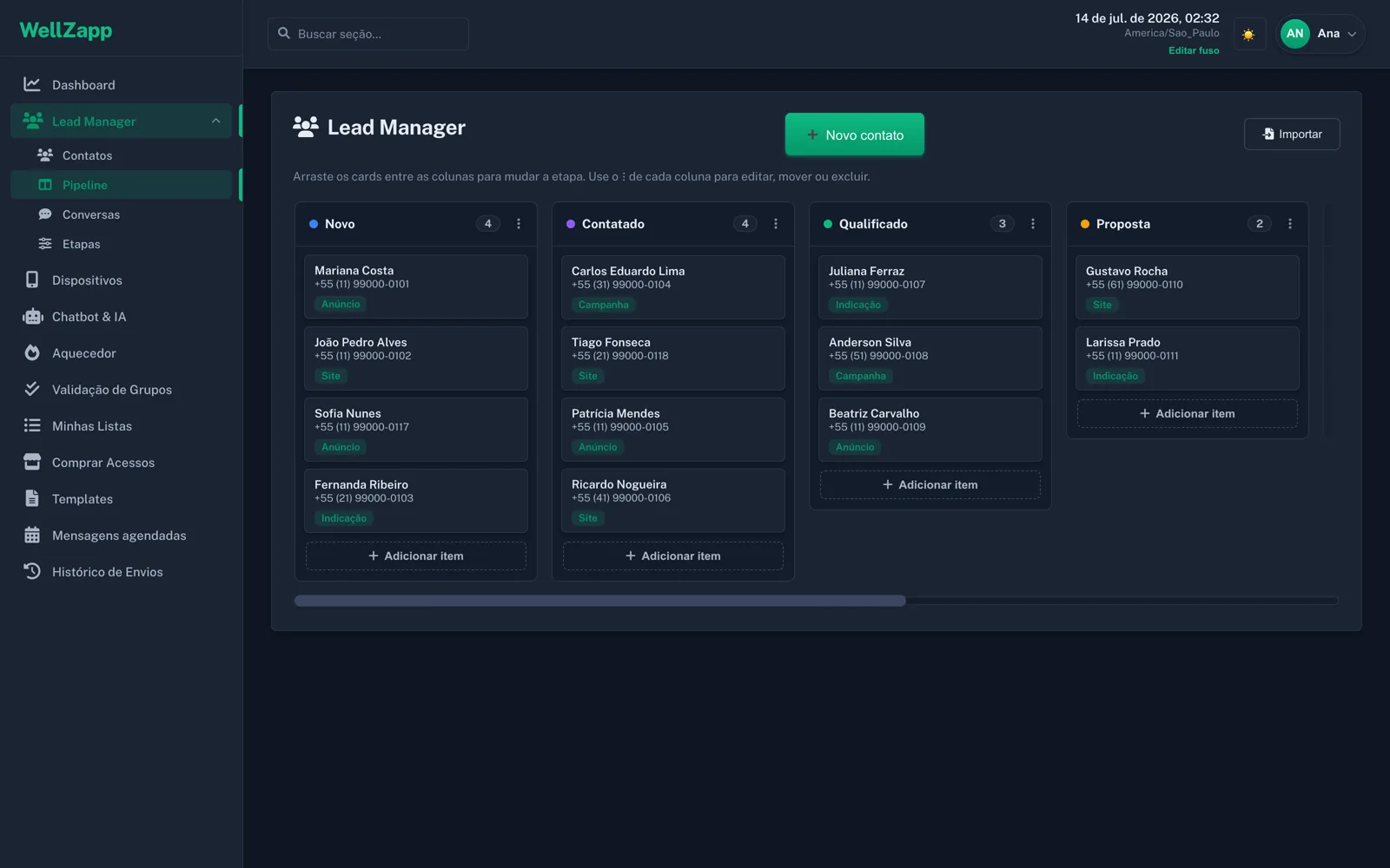 Pipeline CRM real do WellZapp em Kanban com menu recolhido (tema escuro)