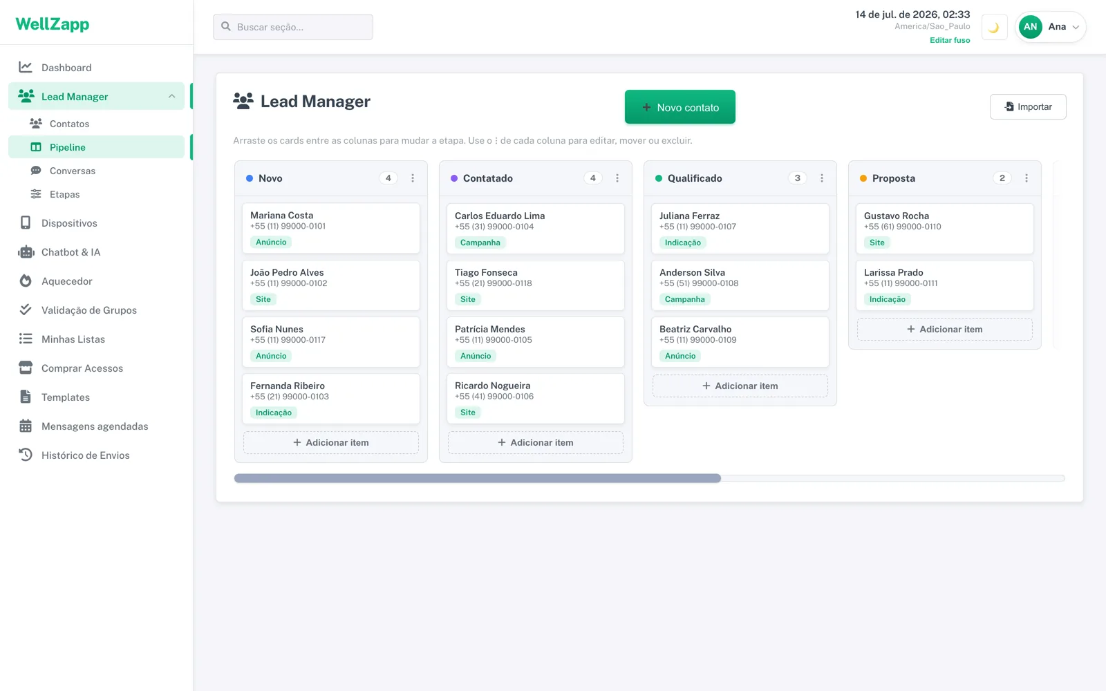 Pipeline CRM real do WellZapp em Kanban (tema claro)