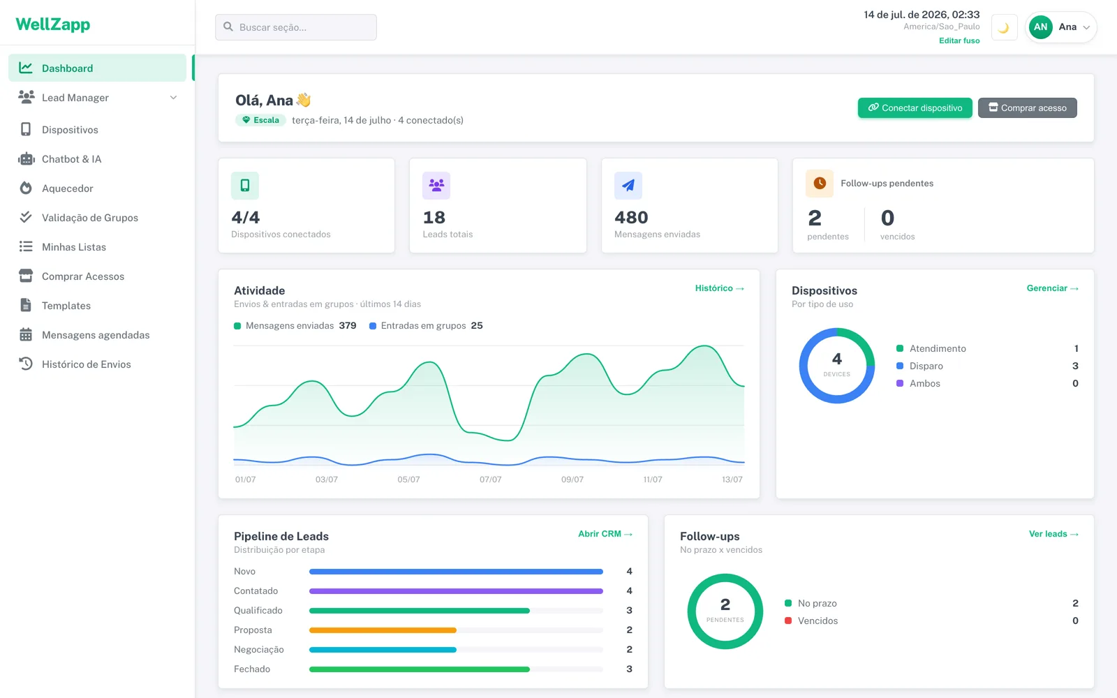 Dashboard real do WellZapp em tema claro com menu recolhido