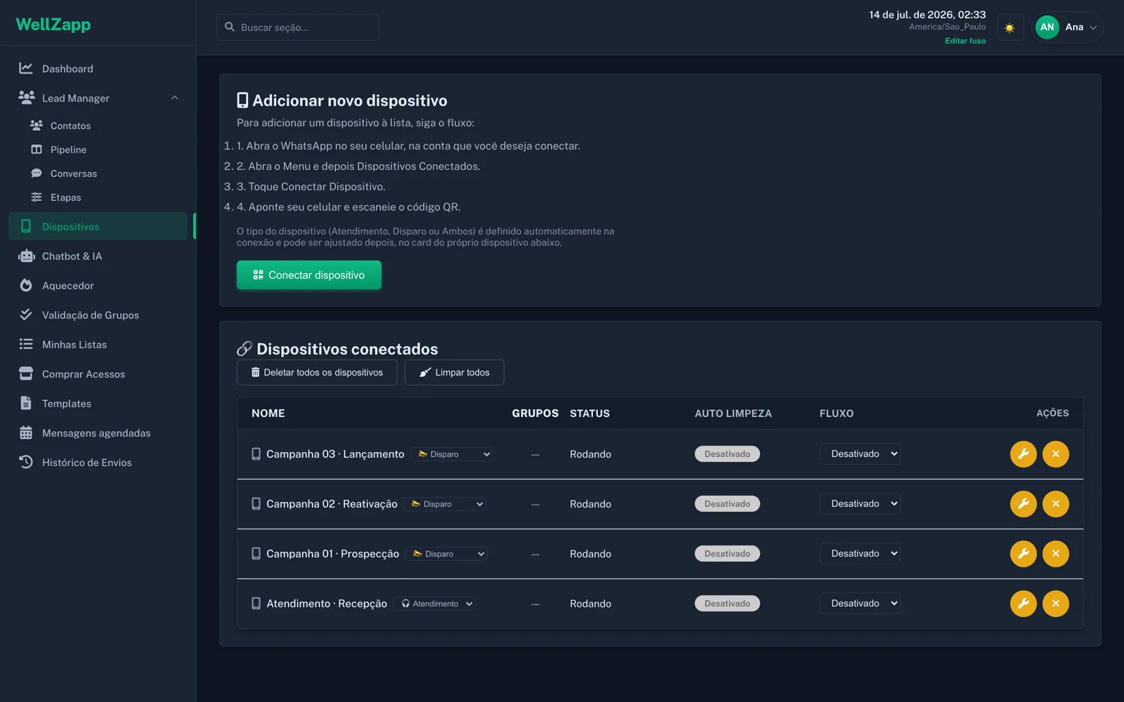 Gestão real de dispositivos do WellZapp com menu recolhido (tema escuro)