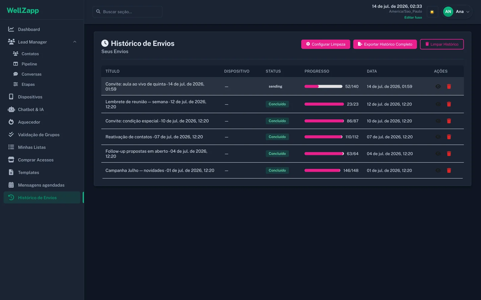 Histórico real de envios do WellZapp com menu recolhido em tema escuro