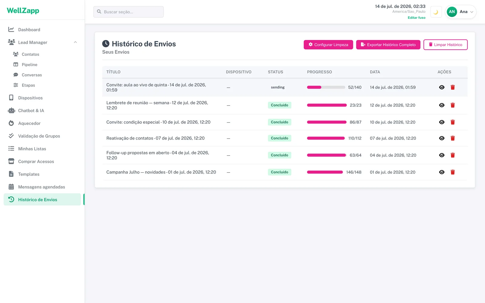 Histórico real de envios do WellZapp em tema claro
