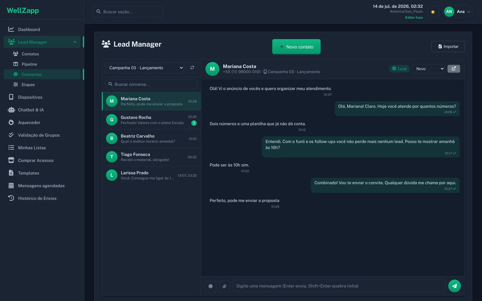 Painel real de atendimento do WellZapp com menu recolhido, lista de clientes e chat com lead em tema escuro