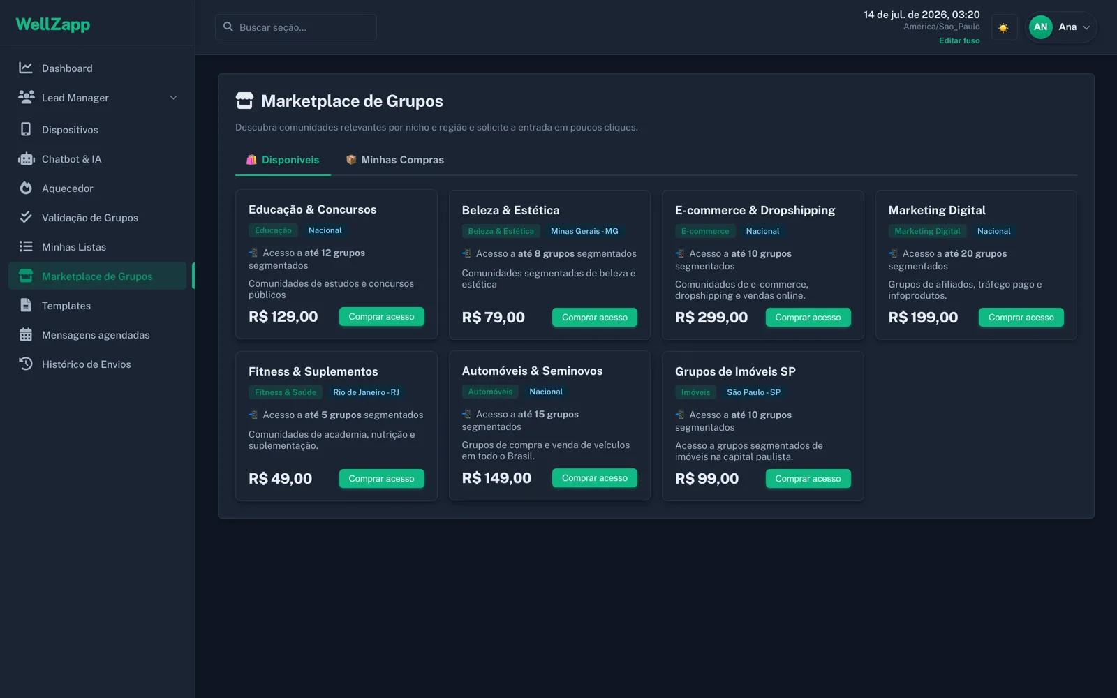 Marketplace real de grupos do WellZapp com menu recolhido (tema escuro)