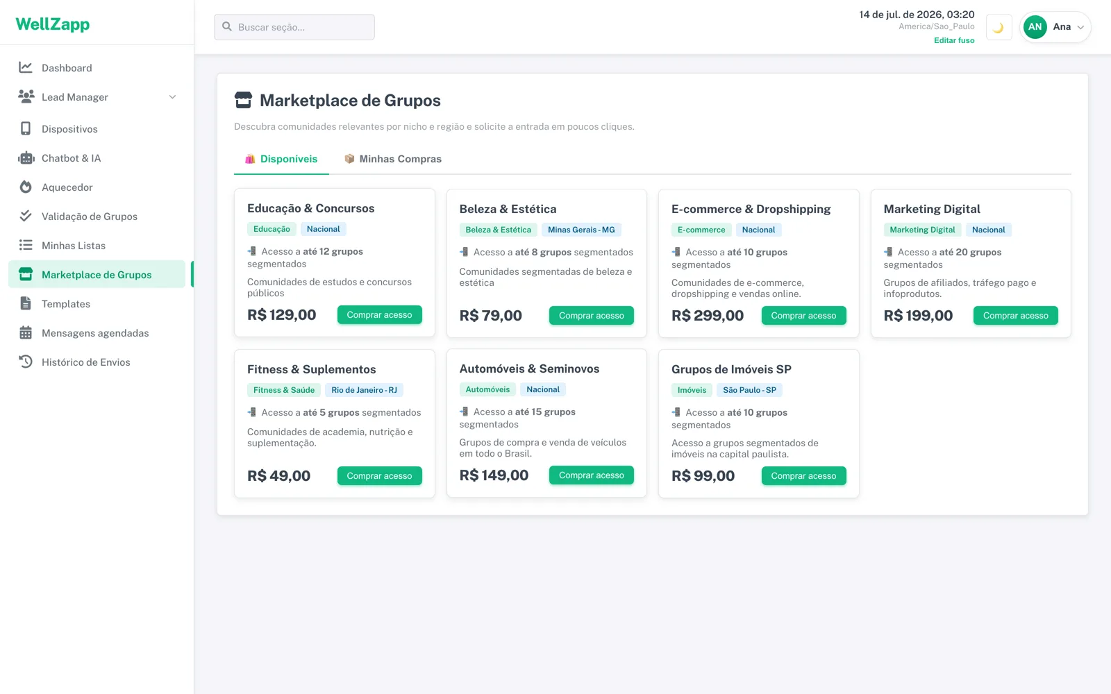Marketplace real de grupos do WellZapp (tema claro)