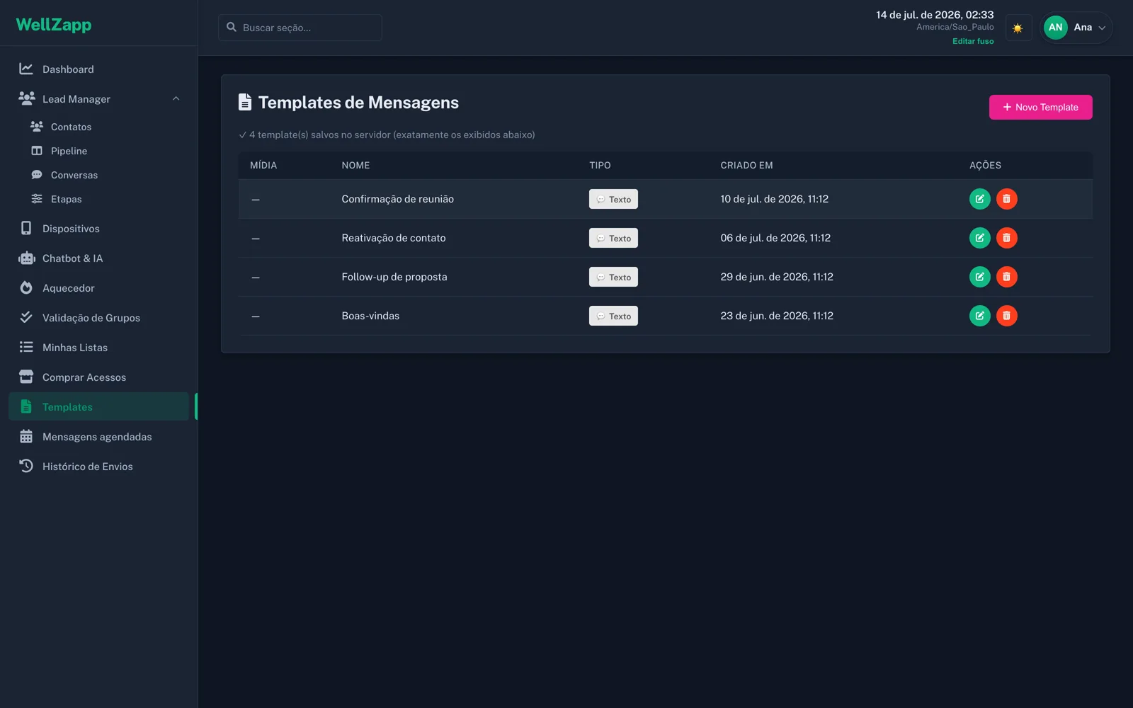 Templates reais do WellZapp com menu recolhido (tema escuro)